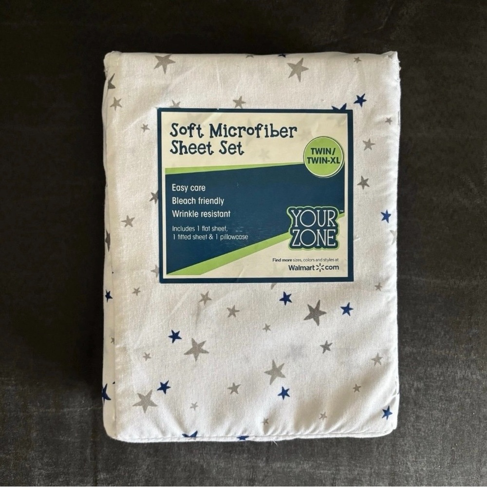 Your Zone Soft Microfiber Twin Sheet Set in White with Blue & Gray Stars